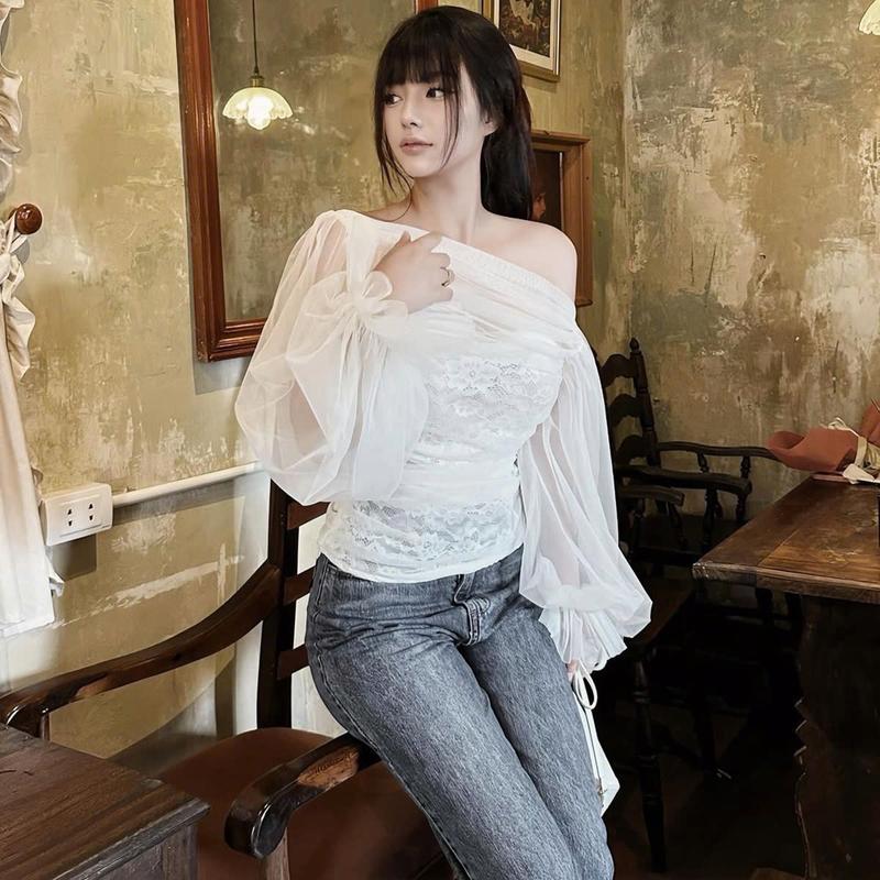 Áo Lưới Trễ Vai Lót Ren Tay Dài TRANGCLOTHINGG Kiểu Bồng Bềnh Sang Chảnh GV5050A51207