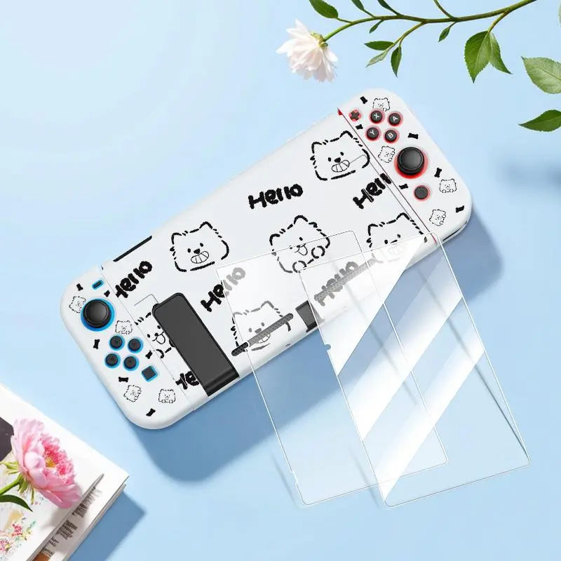 Cartoon Cat Pattern Protective Case with Storage Bag & Screen Protector & Accessories, Large Capacity Storage, Anti-fall Protective Cover for Switch OLED 8