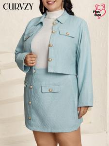 CURVZY Plus Size Two-Piece Set Solid Color Button Flap Detail Jacket & Skirt, Elegant Fashion Casual Collared Long Sleeve Outerwear & Short Skirt for Daily Outdoor Wear, Women's Clothing for Spring & Fall