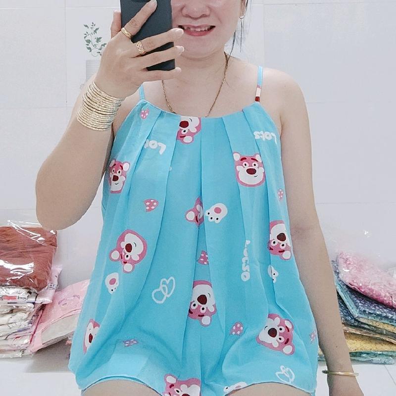 Đồ Ngủ Quần Đùi Có Túi Áo Dây Hình Thú lụa manggo (40kg đến 65kg) Nữ Women Voi Nhung Top Quần Ngủ Pijama 1