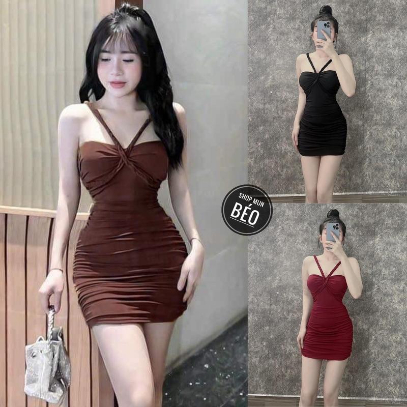 Đầm body dây chéo có mút ngực phom ngắn chất thun dẻo thích hợp mặc đi tiệc đi làm đi chơi
