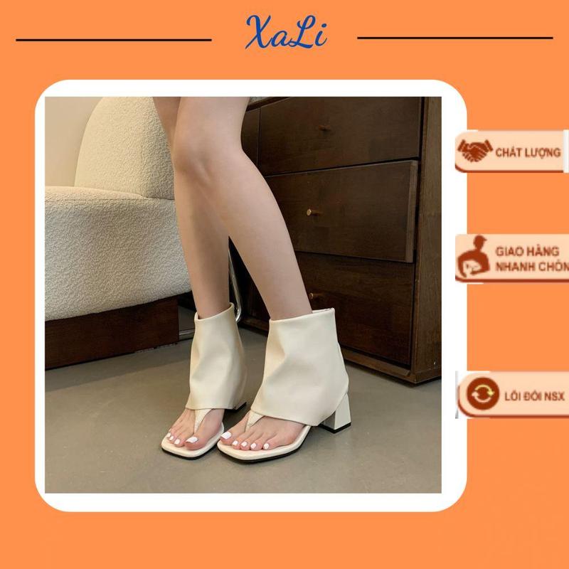  Giày Bốt Lửng Nữ Quai Kẹp Đế Vuông Cao 5cm Sandal Bốt Cổ Lật Hở Mũi Xỏ Ngón Phong Cách Mới _ GBQK5p DéP Shoes Tim Hoa DéP Shoes Tim Hoa Cao Su boot  nữ 