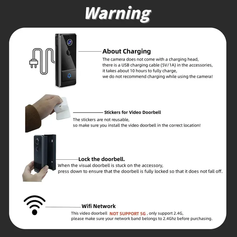 Wireless Smart Video Doorbell, 1080P HD Video Doorbell with Night Vision, Rechargeable Doorbell with PIR Motion-Detection, Home Security System 2