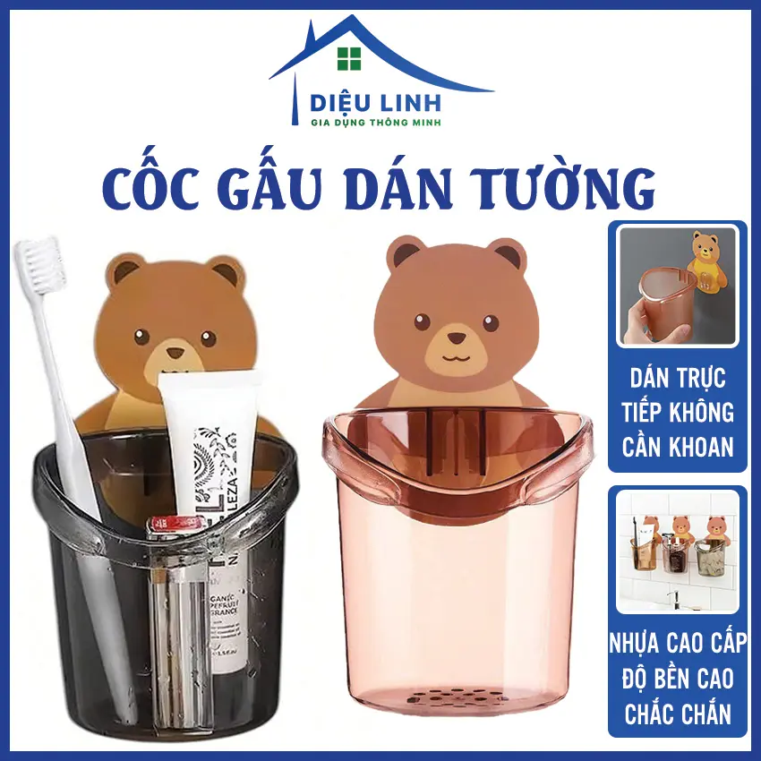 Cốc Dán Tường Hình Gấu Để Bàn Chải Đánh Răng Hình Gấu Có Lỗ Thoát Nước Tiện Lợi Dieulinhshop