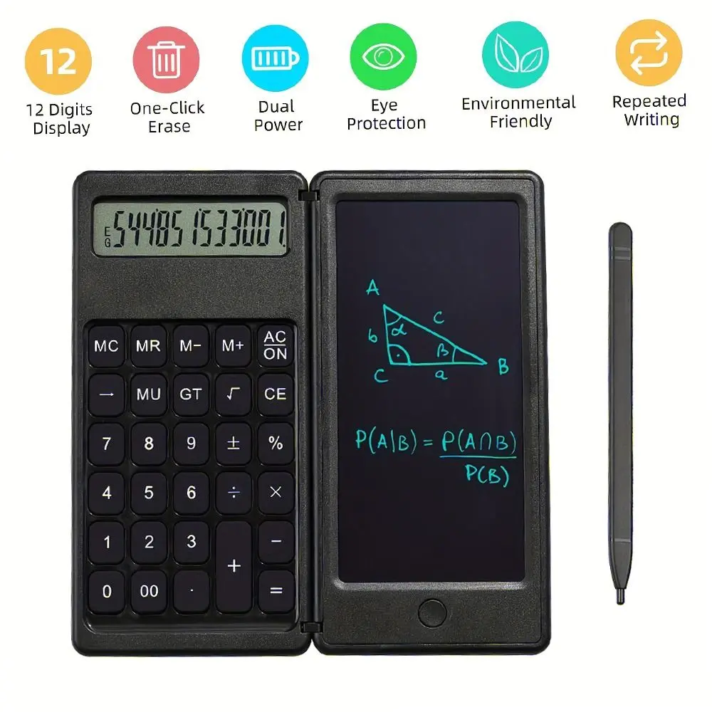 Drawing Pad Foldable Scientific Calculator Portable 12 Digits Function Calculators with Tablet Large Screen Display Erasable Office LCD Drawing Pad Finance Accounting Tool