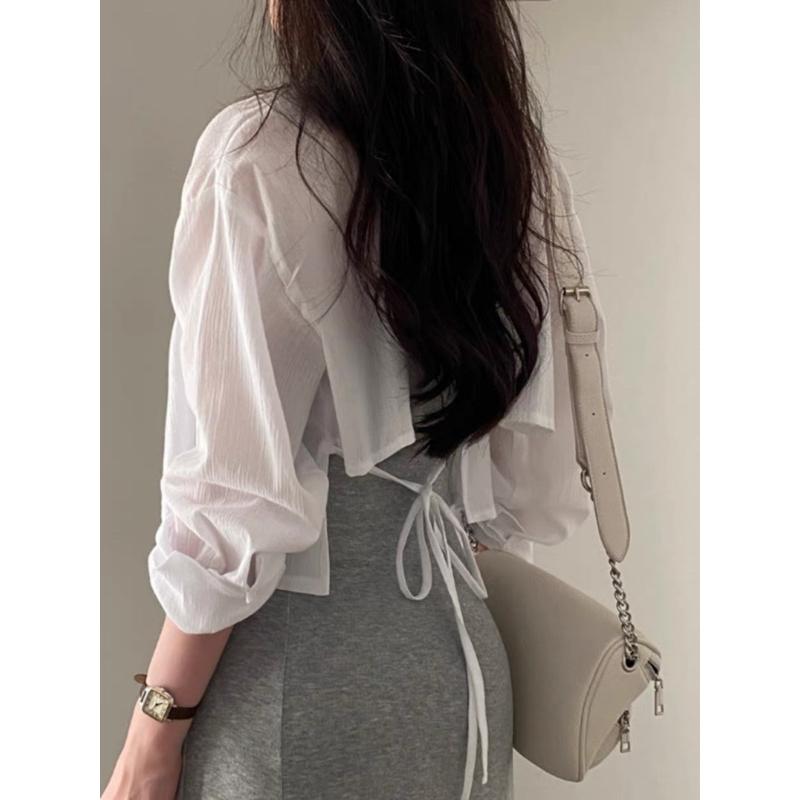  áo sơ mi croptop cột dây lưng chất lụa dập 