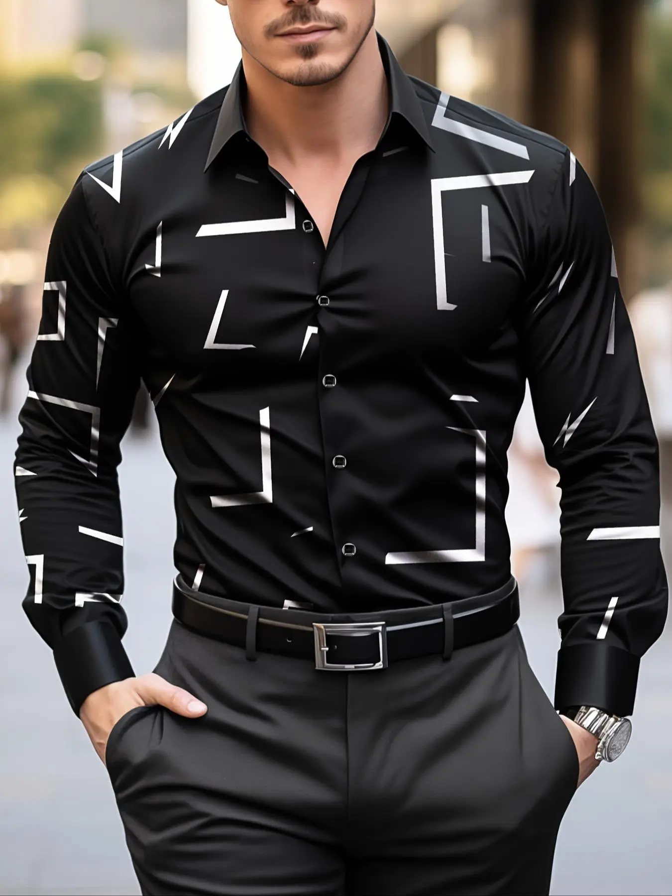 Men's Regular Fit Geometric Print Long Sleeve Shirt, Casual Comfy Button Front Collared Top for Daily Wear, Fashion Men's Clothes for All Seasons