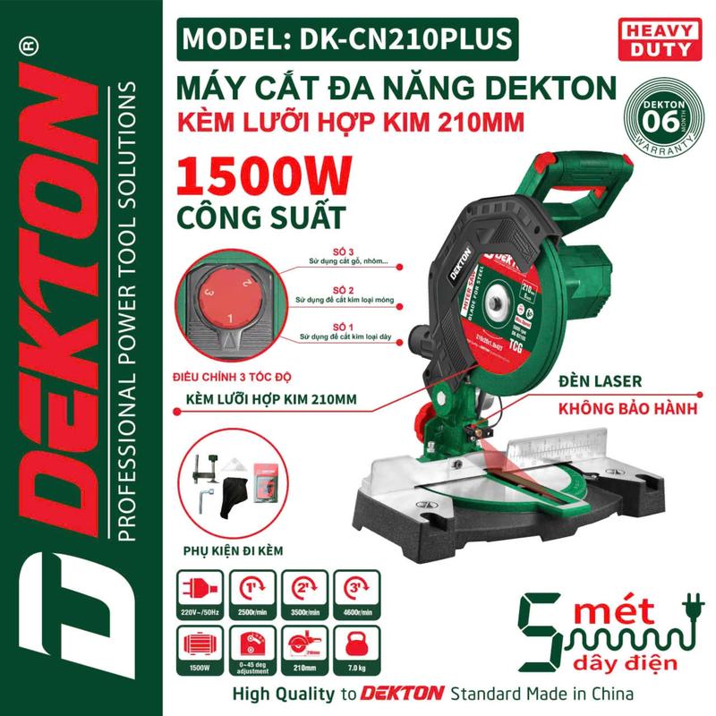 Máy cắt sắt, gỗ, nhôm, để bàn mini đa góc, laze lưỡi 210mm Dekton dk-210PLUS tặng kèm lưỡi cắt sắt 210mm - Chỉnh 3 tốc độ