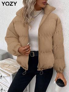 YOZY Women's Solid Drawstring Zip Up Corduroy Winter Coat, Casual Pocket Long Sleeve Outerwear for Fall & Winter, Women's Clothing for Daily Wear