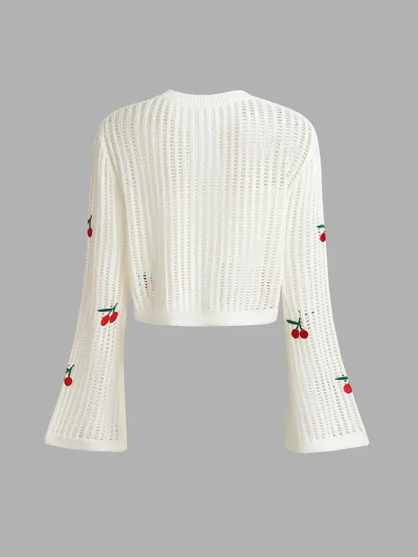 YOZY Boho Cherry Embroidery Cardigan & Basic Crop Tube Top/ Flounce Sleeve Button Front Knitwear & Sleeveless Tube Top, 2024 Women's Summer & Autumn Outfits for Daily Wear 1