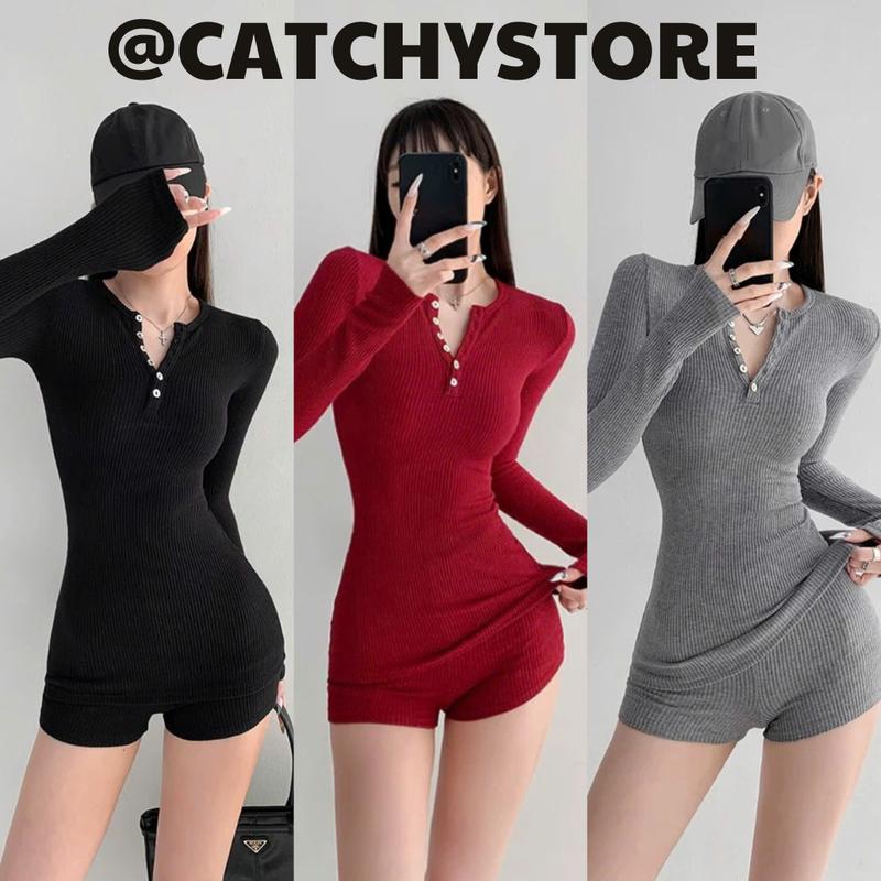 Set Bộ Đùi Nữ Ôm Body Cá Tính CATCHYstore Set Đồ Girl Phố Thun Tăm Áo Tay Dài Cổ V Ôm Sát Phối Quần Đùi Ngắn Basic Quyến Rũ