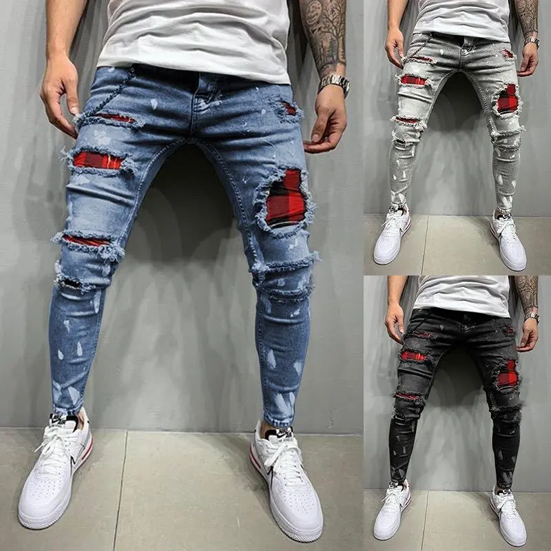 Trendy Men's Ripped Jeans - 3 Color Stretch Skinny Fit with Patch Design |   J007 |   Fashion Denim Pants for Men
