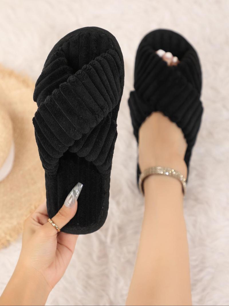 Product Introduction of Women's Solid Color Criss Cross Design Plush Slippers, 2024 New Style Casual Soft Comfortable Home Slippers, Warm Slippers for Indoor & Outdoor Use for Fall & Winter 17