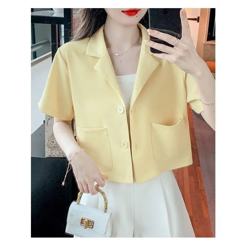 Áo Khoác Vest Nữ, Màu Vàng, Cỡ Nhỏ Tay Ngắn, Thời Trang, Cao Cấp Và Thanh Lịch, Áo Nữ, Thích Hợp Cho Mùa Hè, Màu Trơn Chất Liệu Mỏng, Phong Cách Xã Hội Pháp, Dành Cho Nữ Top Women Jacket