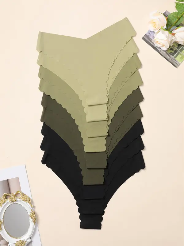 Women's Solid Color Scallop Trim Seamless Thong, Soft Comfy Breathable V Waist Panty for Daily Wear, Women's Underwear for All Seasons 2