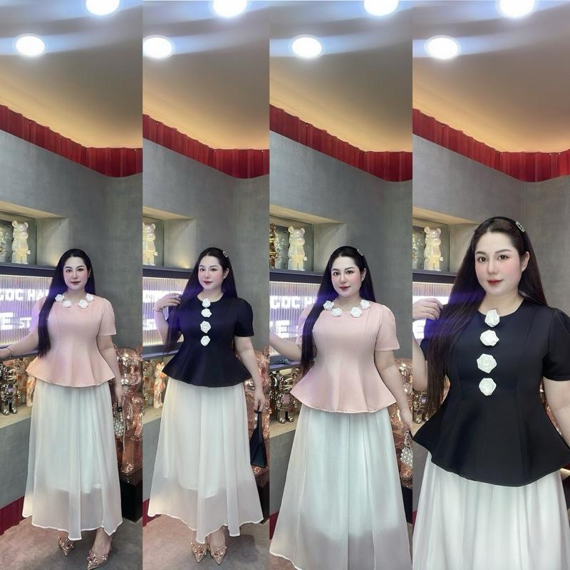 60-90kg SET ÁO pelum TAPFA 4 charm HOA + chân váy midi dài xinh yêu BIGSIZE VƯƠNG NGỌC HÂN