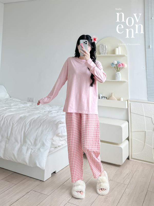 Bộ Dài Mặc Nhà Nữ Áo Tay Dài Gắn Nút - Quần Dài Đũi Mềm Mại - NEONVN set đồ bộ tay dài quần dài mặc nhà mềm mại, ấm áp