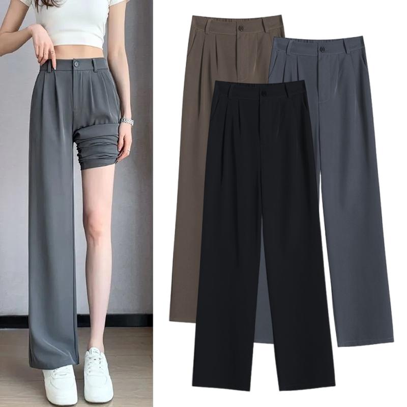 Women Suit Pants with Side Pockets High Waist Solid Color Wide Leg Commuter Pants Button Zipper Closure Loose Full Length Pants for Daily Wear Travel 0