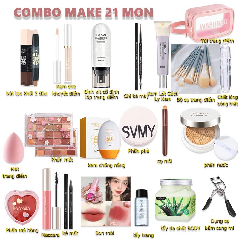 Bộ mỹ phẩm 21 món -bảng phấn bắt sáng+kem che khuyết điểm+bút kẻ mày 2 đầu+phấn nước+Kem BB+mascara +chì kẻ mày+kẻ mắt+cọ trang điểm+phấn mắt+son môi+phấn má hồng Face Makeup Sets Cushion Phấn Phủ Son Kem bộ  trang bộ  makeup