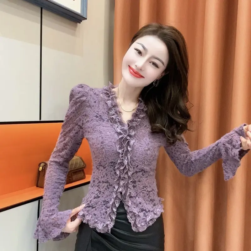 Áo Sơ Mi Ren Dài Tay Áo, Phong Cách Pháp, Chất Lượng Cao Cấp, Màu Trơn Và Cổ Chữ V, Thiết Kế Khâu, Dành Cho Nữ, Hàng Mới Về Mùa Thu, Áo Mỏng, Ins, Năm 2025 2