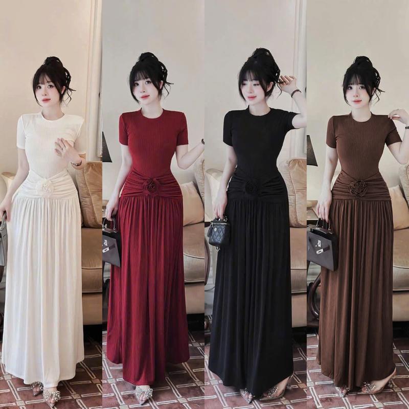 Đầm nữ cổ tròn tay ngắn nhún eo đính hoa dáng dài tùng xòe tiểu thư xinh xắn - thun gân lạnh H636 Váy boby , váy body nữ tôn dáng , váy xinh , váy đi tiệc , váy đi biển