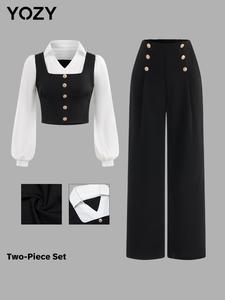 YOZY Women's Colorblock Bishop Sleeve Top & Plain High Waist Pants Two-piece Set, Casual Fashion Cozy Top & Trousers for Daily Outdoor Wear, Ladies Clothes for All Seasons