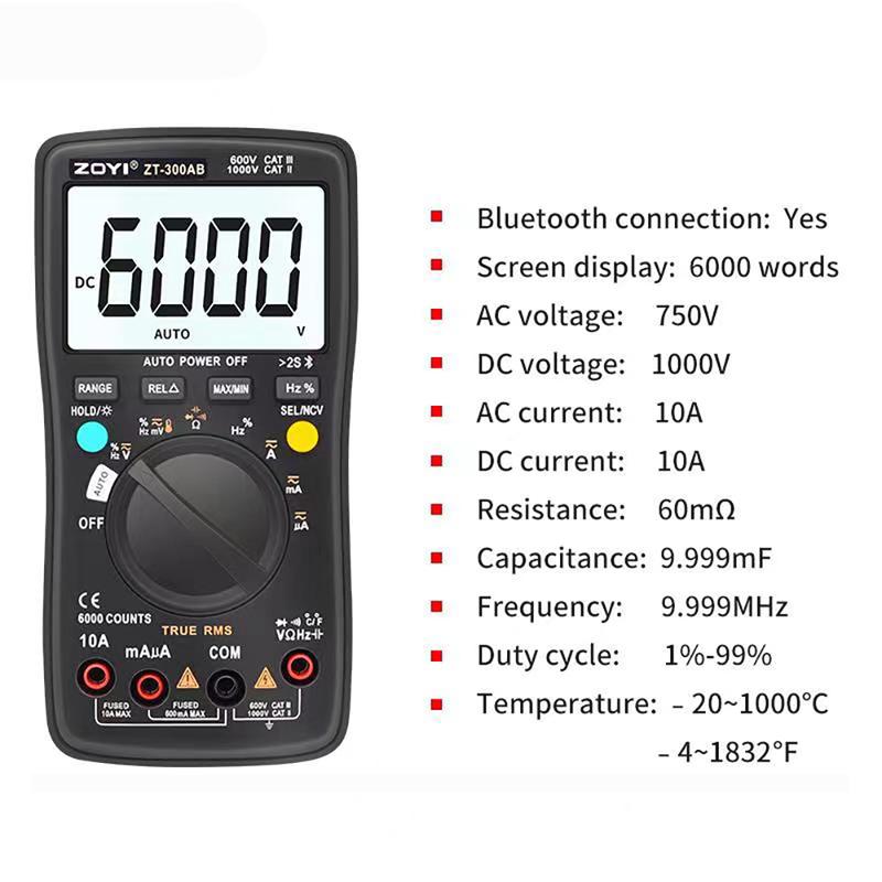 Đồng Hồ Đo Điện Vạn Năng Điện Tử Zoyi ZT-300AB Kết Nôi Bluetooth, Đồng Hồ Đo Điện Đa Năng Đo Điện Trở Cách Điện, Điện Áp AC DC, Kiểm Tra Tụ Điện, Dò Điện NVC 6