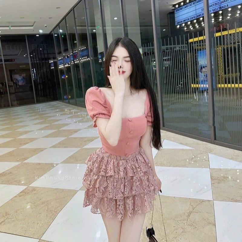 SÉT ÁO CỔ VUÔNG NÚT BỌC TAY PHỒNG+CHÂN VÁY TẦNG. 7