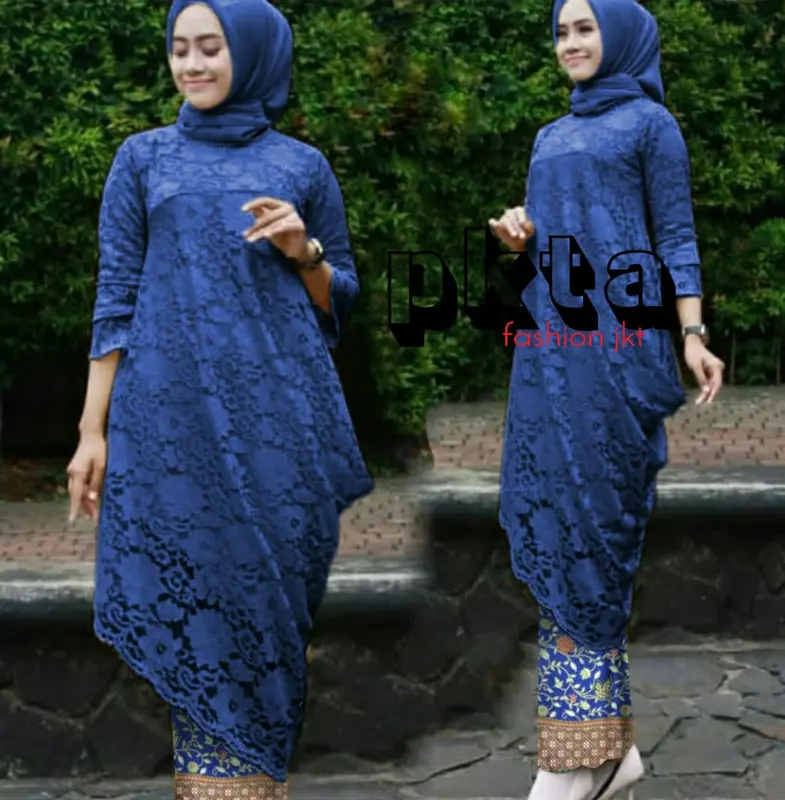 Setelan Kebaya Brokat Menceng/Miring Liza Koleksi Atasan Kondangan Tunik Panjang - Batik, Dress 2