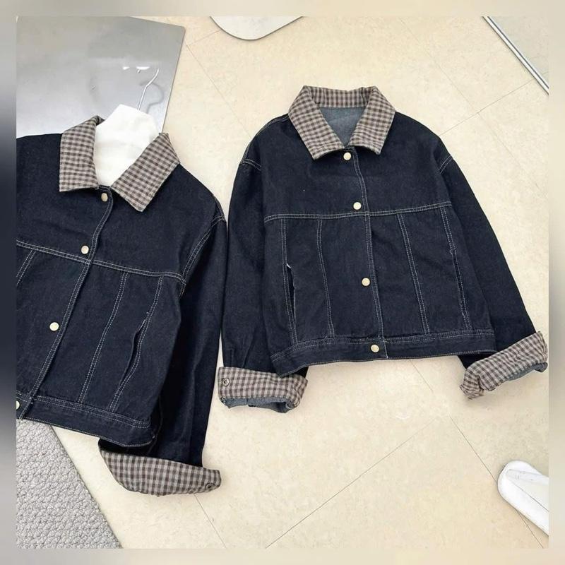 TIENSTYLE_ Áo Khoác Nữ Cổ Bà Ba Kẻ Ô Phom Lửng Chất Jean Không Giãn Dày Dặn Bền Màu Nhiều Màu Size Free Size Dài 44-47Cm Tay Dơi Nhẹ