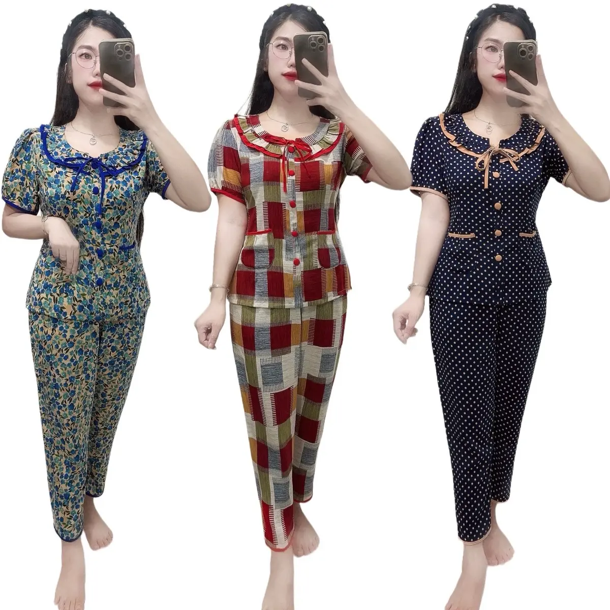 Set Đồ Bộ Nữ, Áo Tay Ngắn Quần 9 Tấc, Phom Áo Cổ Bèo Tiểu Thư, Chất Lụa Mango Mềm Mát Nhiều Hoạ Tiết ( Women Quần Ngủ Kem, Beo) 3 dobo Top