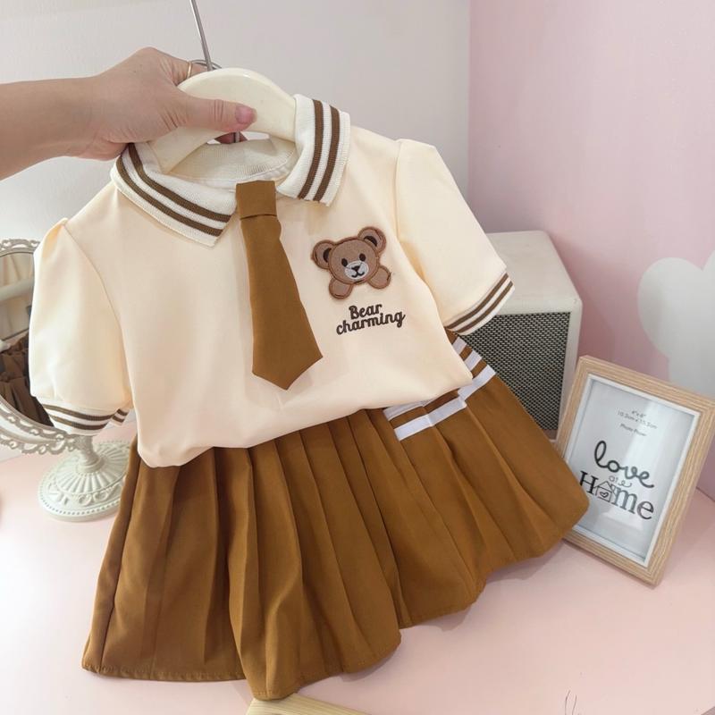 (10-30kg) Sét áo + chân váy gấu cotton thông hơi mềm cho bé gái