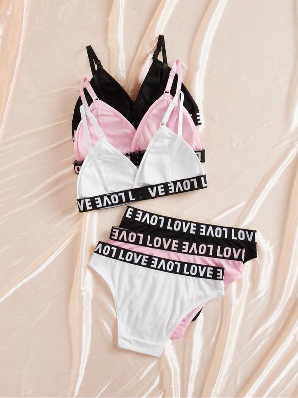 Women's Letter Tape Ribbed Underwear Set, Casual Comfy Breathable Wireless Push Up Triangle Bra & Knicker Set, Lingerie Set for Women 1