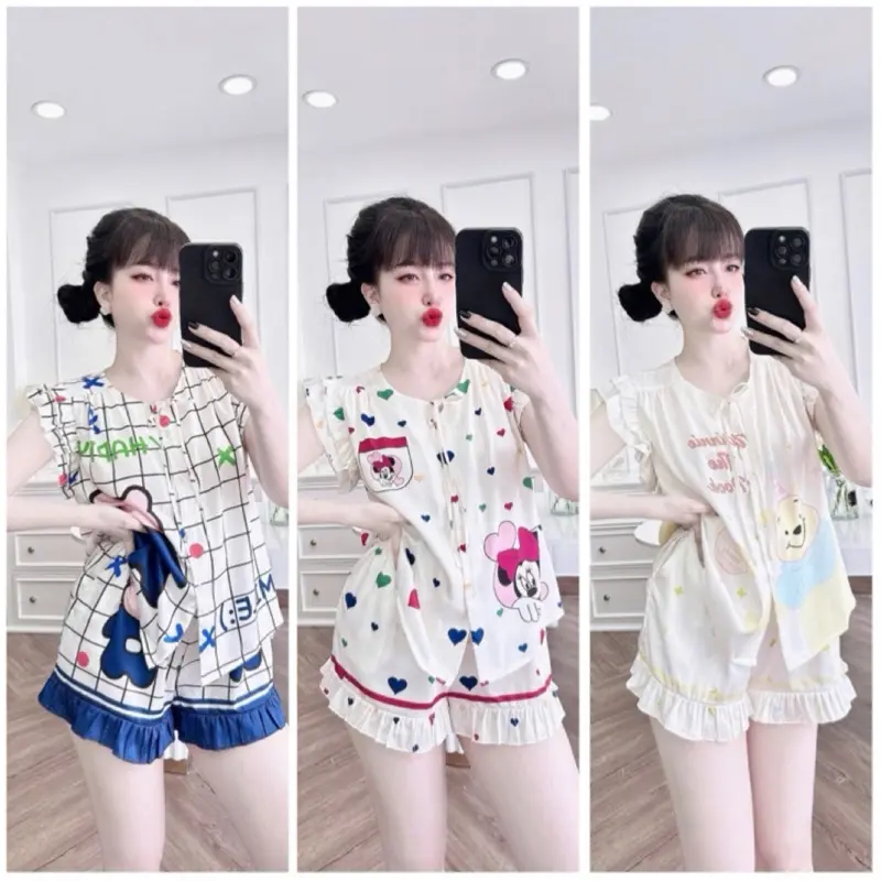 Pyjama - đồ mặc nhà set đùi tay cánh tiên - size <60kg - chất liệu lụa latin Women