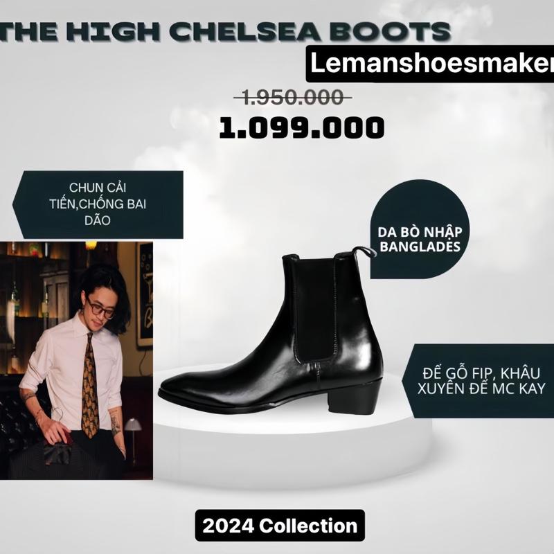 Chelsea Boots Da bò Banglades Leman&TranhNguyen Đế Gỗ 5cm mũi tròn màu đen Nam