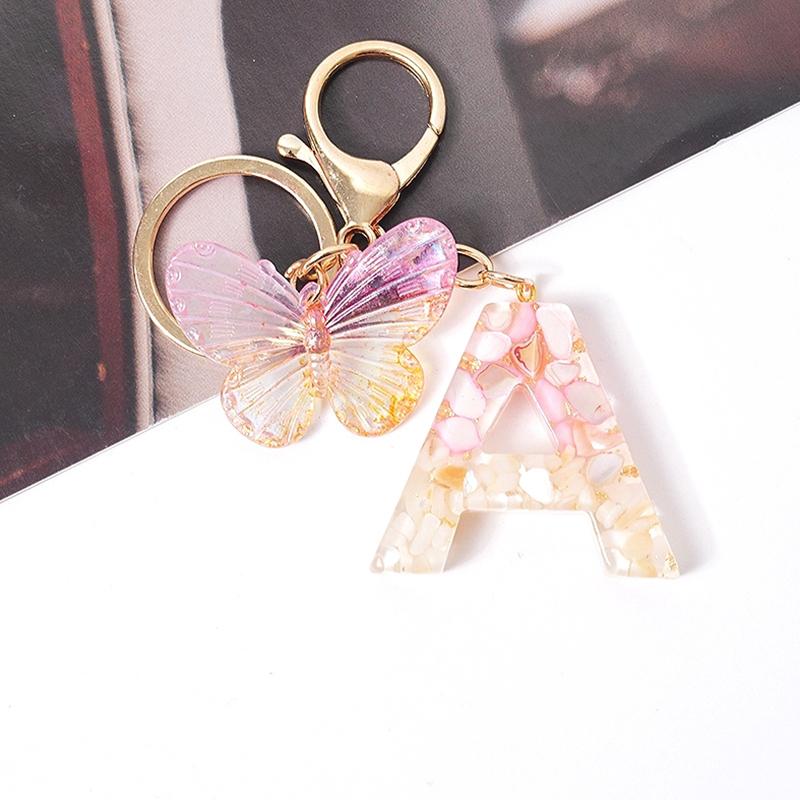 Product Introduction of [QQQ]Pink Dream Butterfly 26 Letters A To Z Resin Keychain 26 Initials White Stone  Leaf Pendant Keyring Backpack Charm Bag Decor 39