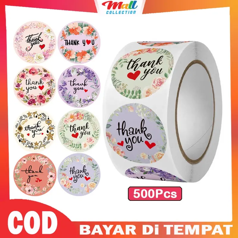 MALL - Sticker Thankyou 1Roll (500Pcs) Label Segel Order Packing Motif Bunga Love Serbaguna STC01 Plastik Stiker Amplop