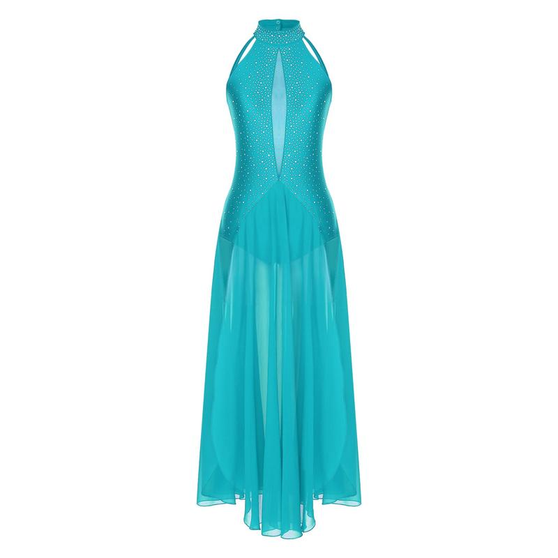 Jizyo Women Lyrical Dance Dress Halter Strappy Back Leotard Mesh Split Maxi Skirt Modern Dance Costume 5