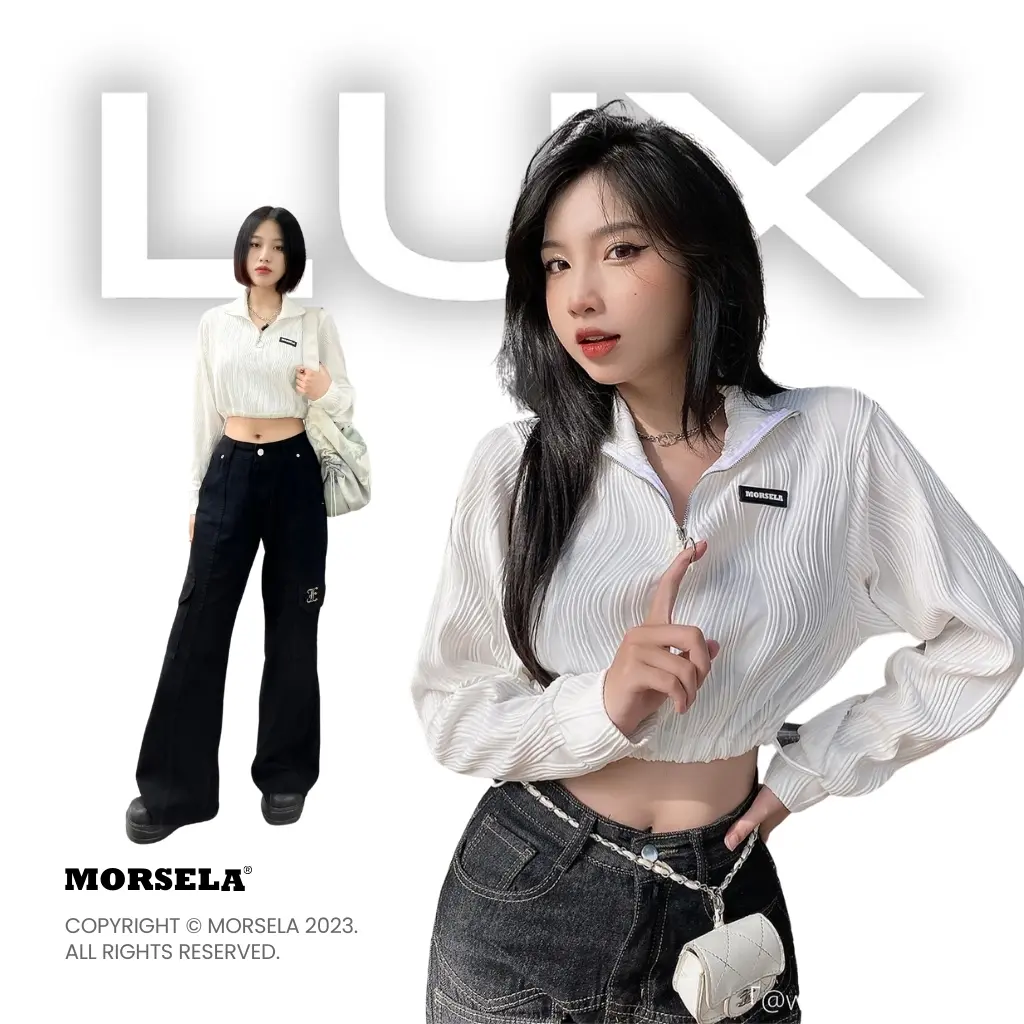 Áo croptop nữ tay dài MORSELA - LUX form dáng sweater khóa zip phong cách Hàn Quốc