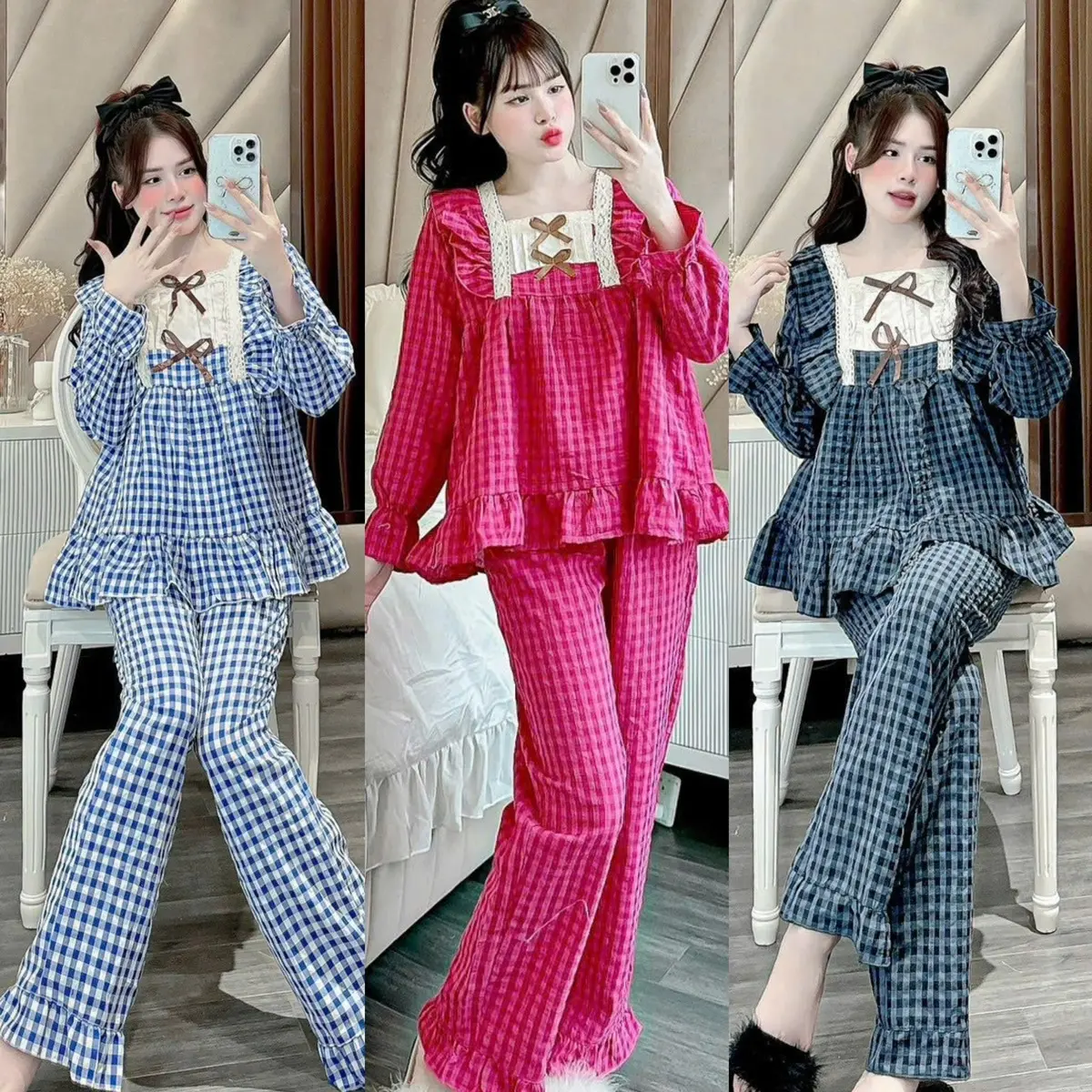 Bộ Ngủ Đũi Tiểu Thư Cổ Vuông Tay Dài, Quần Dài Chất Liệu Thoáng Mát Vải Đũi Xốp, Cotton Xốp Dành Cho Nữ Women Dài Tay M2