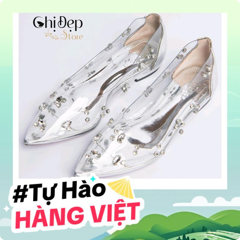 Chị Đẹp Store -[Form rông chân gầy mỏng lùi size] Giày bệt mũi nhọn quai trong Mika Đính Đá Kín Mũi gót vuông 1 phân - U99 Nữ Shoes