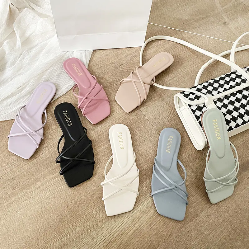Fairy Style Slippers for Women New 2025 Cheap Beautiful Summer Outdoor Korean Style Simple Thin Strap Square Toe Flat Beach Sandals Trendy