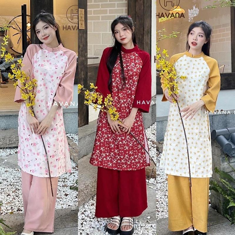 Áo dài cách tân nhung hoa nhí tay lửng kèm khăn turban cùng màu HAVANA AE367