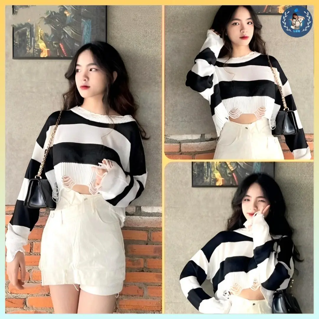💥[A137] Áo len thun Montoghi hàng dệt kim mỏng KIỂU RÁCH CROPTOP nữ ngắn kẻ sọc phong cách QC cá tính - L2M ( Women Fashion Nhung Sen ) 【 hoa hồng 】