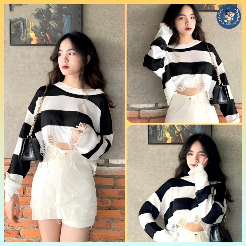 [A137] Áo len thun Montoghi hàng dệt kim mỏng KIỂU RÁCH CROPTOP nữ ngắn kẻ sọc phong cách QC cá tính - L2M ( Women Fashion Nhung Sen ) 【 hoa hồng  
