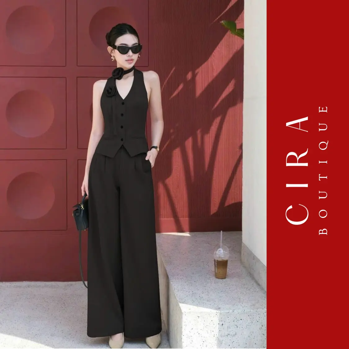 Sét Áo Ghile Kèm Dây Hoa + Quần Suông Ống Rộng Hottrend - Vải Kaki Ruby - Size S/M/L/XL - Màu Nâu/Trắng/Đen/Xám - Cira Boutique D0895 - Nữ Women Top Kem Ong