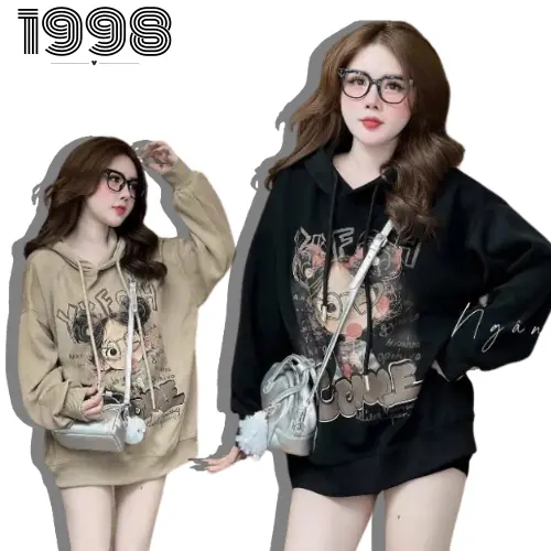 ÁO NỈ CỔ TRÒN IN HÌNH CÔ BÉ ĐEO KÍNH-FROM RỘNG UNISEX