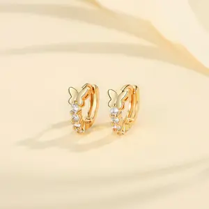 Anting Hoop Wanita Lapis Emas Anting Korea Kupu-Kupu Berlian Anti Karat Anting Aksesoris Fashion Y022