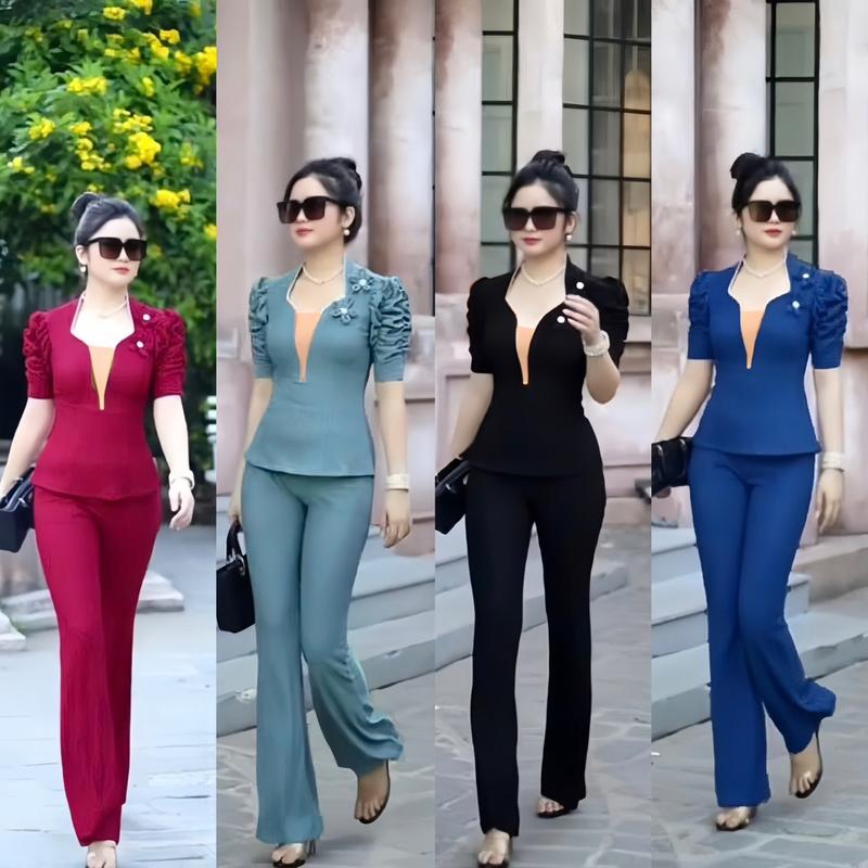 H29 Set Bộ xốp nhật quần dài có 2 túi áo phối Ngực xếp ly tay phồng mặc đẹp và sang trọng đủ kích cỡ 40-75kg Nữ có thể giặt máy 【m-s bộ đồ nữ khủng long hồng