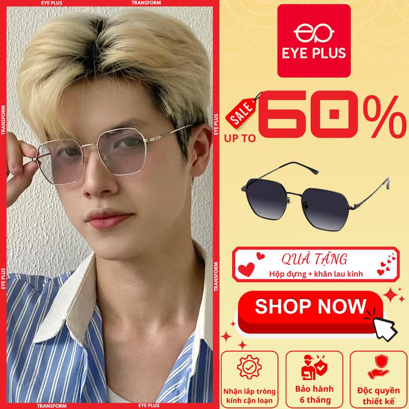 Kính Cận Đổi Màu Chống Ánh Sáng Xanh Thế Hệ Mới Nam Nữ Eye Plus 63080 Gọng Kính Kim Loại Cao Cấp Chuôi Bọc Nhựa TR90, Kính Mắt Kiểu Dáng Thời Trang Unisex Hiện Đại